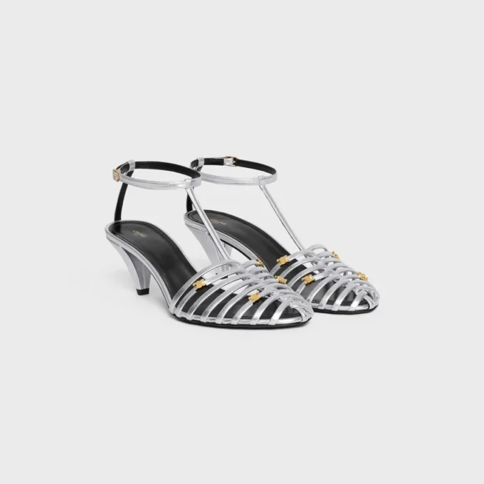 Cage Heeled Sandal in Laminated Lambskin