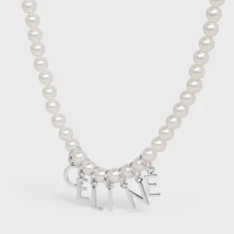 Celine Monochroms Necklace in Glass Pearls and Brass with Rhodium Finish Celine Monochroms Necklace in Glass Pearls and Brass with Rhodium Finish