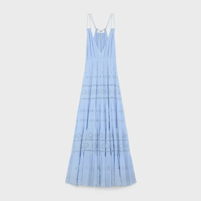 Embroidered Long Dress in Cotton Silk Crepon Embroidered Long Dress in Cotton Silk Crepon