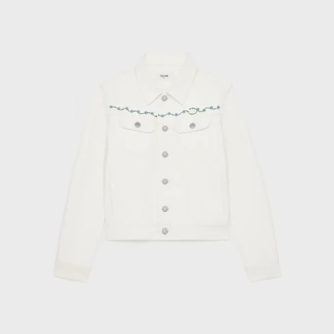 Embroidered Trucker Jacket in Raw Wash White Denim Embroidered Trucker Jacket in Raw Wash White Denim