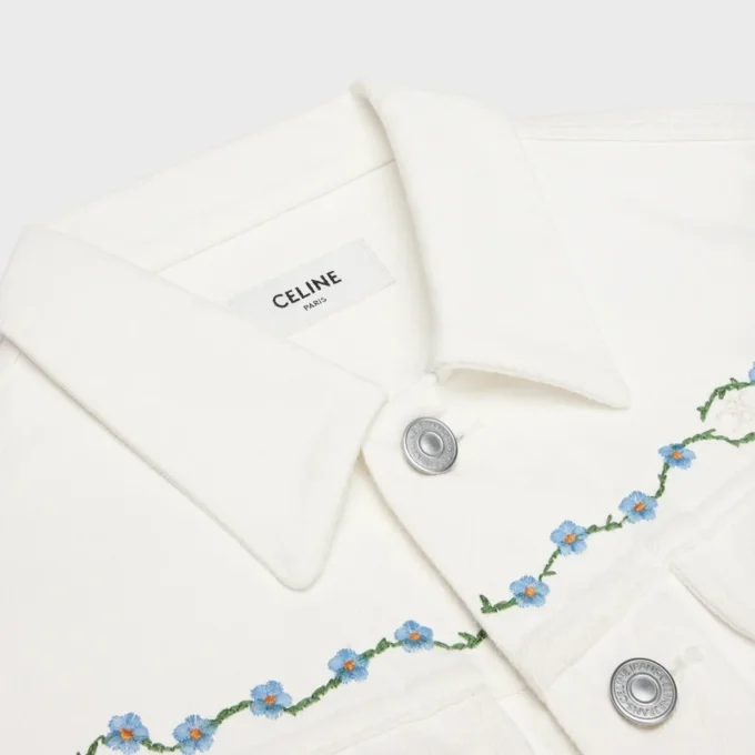 Embroidered Trucker Jacket in Raw Wash White Denim Embroidered Trucker Jacket in Raw Wash White Denim