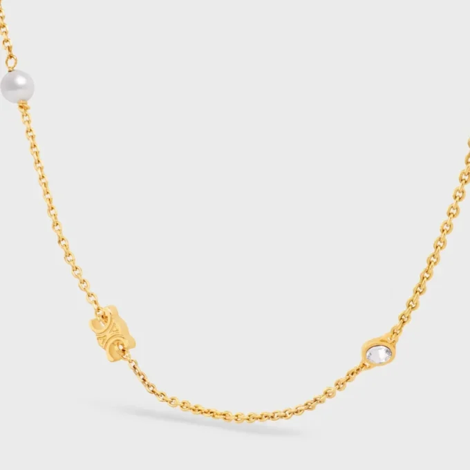 Les Perles Celine Necklace in Strass, Resin Pearls and Brass with Gold Finish Les Perles Celine Necklace in Strass, Resin Pearls and Brass with Gold Finish