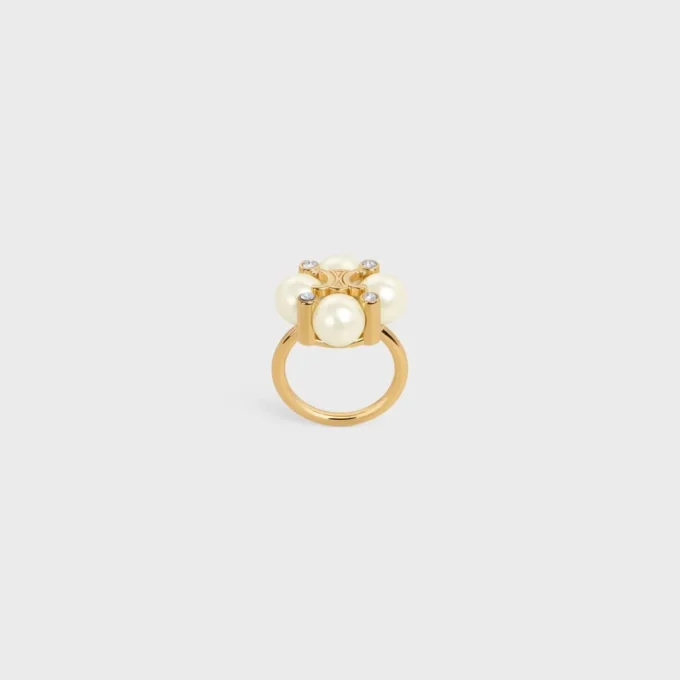 Les Perles Celine Ring in Strass, Resin Pearls and Brass with Gold Finish
