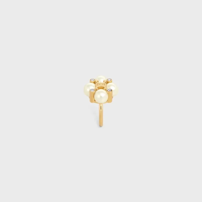 Les Perles Celine Ring in Strass, Resin Pearls and Brass with Gold Finish
