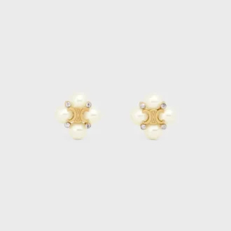 Les Perles Celine Studs in Strass, Resin Pearls and Brass with Gold Finish Les Perles Celine Studs in Strass, Resin Pearls and Brass with Gold Finish