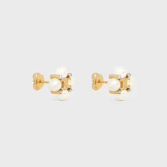 Les Perles Celine Studs in Strass, Resin Pearls and Brass with Gold Finish Les Perles Celine Studs in Strass, Resin Pearls and Brass with Gold Finish