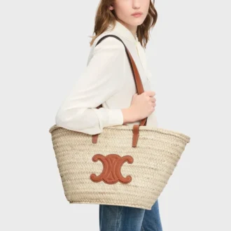 Medium Celine Classic Panier in Palm Leaves and Calfskin
