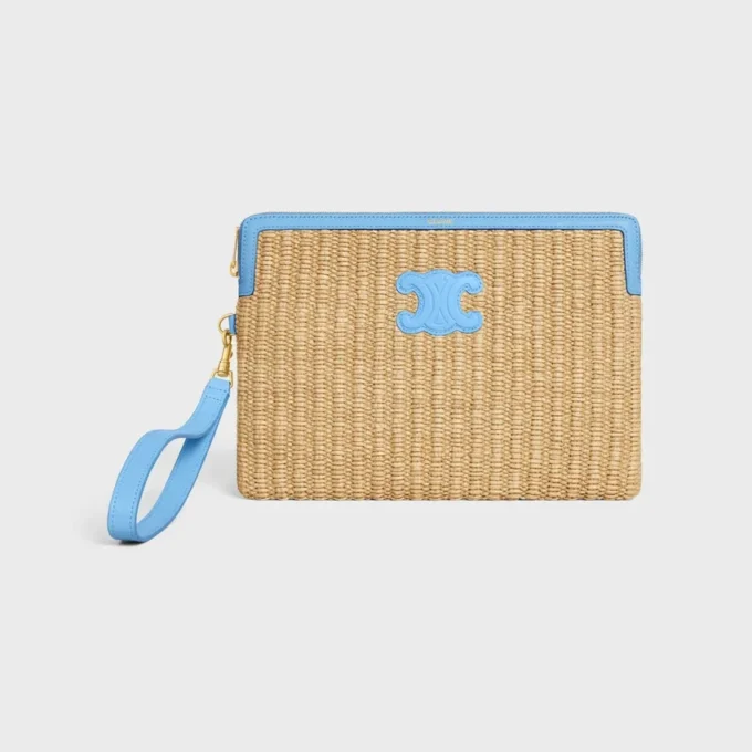 Small Pouch with Strap in Raffia Effect Textile and Calfskin Small Pouch with Strap in Raffia Effect Textile and Calfskin