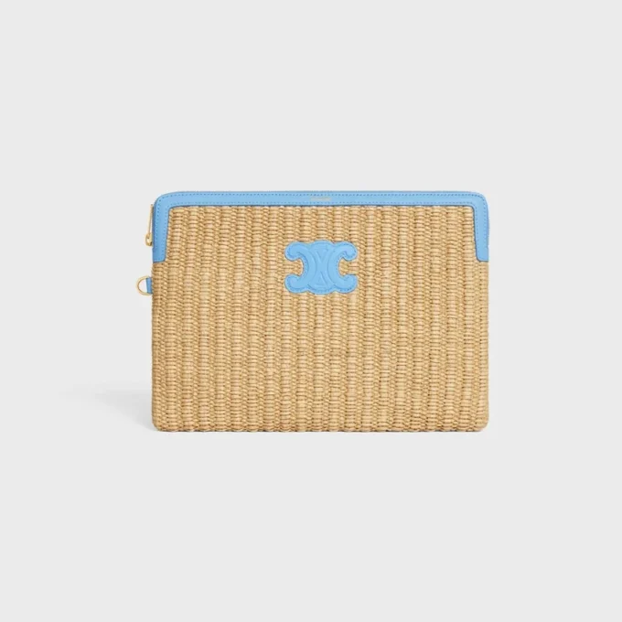 Small Pouch with Strap in Raffia Effect Textile and Calfskin Small Pouch with Strap in Raffia Effect Textile and Calfskin