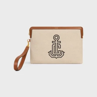 Small Pouch with Strap in Textile with Anchor Embroidery and Calfskin Small Pouch with Strap in Textile with Anchor Embroidery and Calfskin