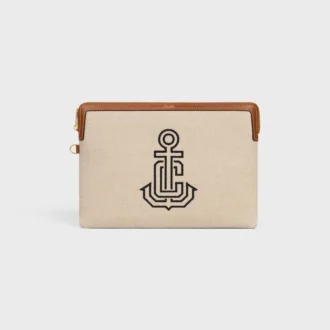 Small Pouch with Strap in Textile with Anchor Embroidery and Calfskin Small Pouch with Strap in Textile with Anchor Embroidery and Calfskin